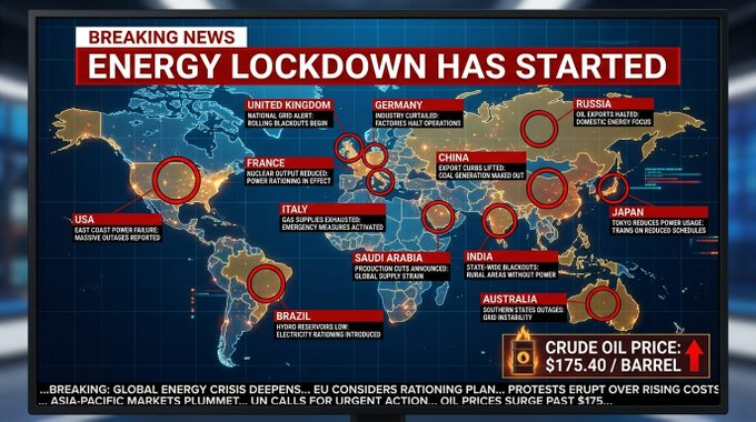 A breaking news graphic titled "ENERGY LOCKDOWN HAS STARTED" displays a world map highlighting countries including the USA, UK, France, Germany, Italy, China, Russia, India, Japan, Saudi Arabia, Brazil, and Australia with reported energy crises, blackouts, and rationing measures. The headline reads "CRUDE OIL PRICE: $175.40 / BARREL" with news tickers about oil surging past $175, EU rationing plans, and Asia-Pacific markets plummeting, illustrating the global economic impact of Trump's statement that Iran is not ready for a deal today.