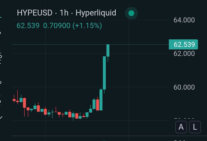 Trading chart showing HYPEUSD on Hyperliquid with a 1-hour timeframe, displaying a price of 62.539 (up 1.15%) with a sharp upward candlestick spike visible.