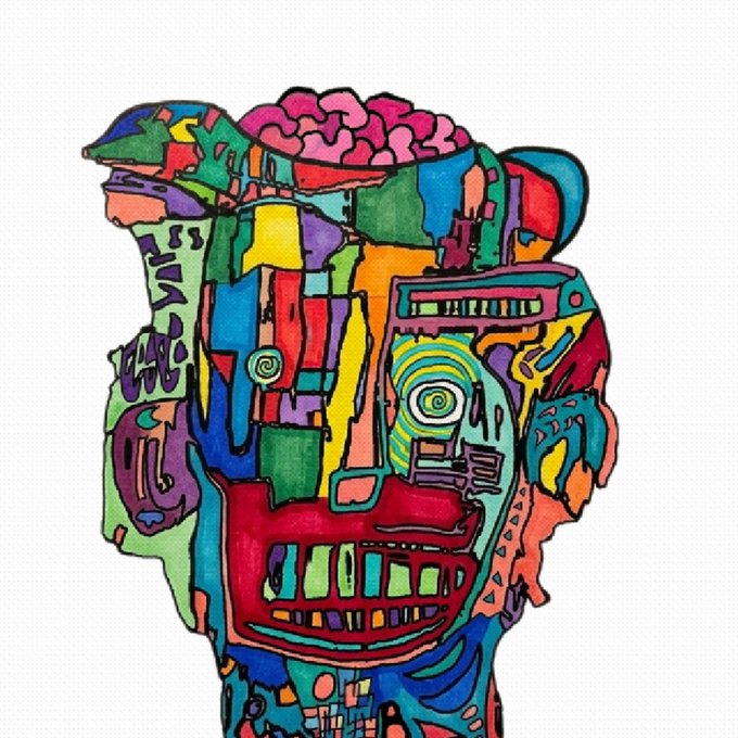 A vibrant, colorful abstract pop-art style illustration depicting a fragmented head/face in profile, filled with bold geometric shapes, swirls, and a visible brain pattern.