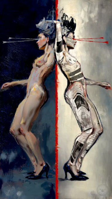 A painting depicting two nude female figures back-to-back, one with organic skin tones and one with mechanical/robotic features, both pierced by arrows, divided by a red line.