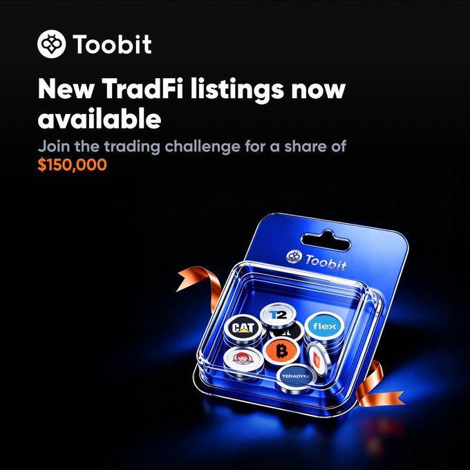 A Toobit promotional graphic announcing new TradFi listings with a trading challenge offering $150,000 USDT in rewards, featuring an image of branded crypto-style coins in a clear plastic case including tickers like T2, CAT, flex, B, and TERADYNE against a dark background.