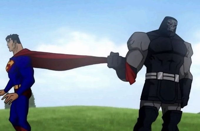An animated image showing Superman walking while Darkseid holds onto and stretches out his red cape.