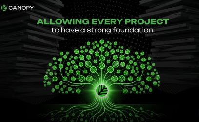 A graphic for 'CANOPY' displaying a glowing green digital tree made of interconnected nodes with the tagline 'ALLOWING EVERY PROJECT to have a strong foundation'.