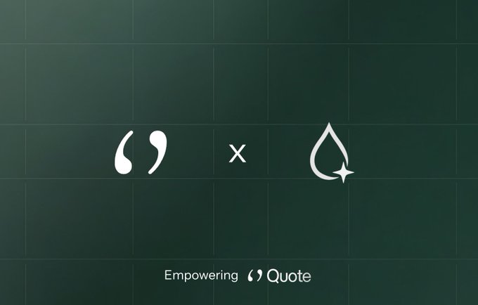 A dark green promotional graphic for 'Empowering Quote' featuring stylized quotation marks, an 'x' symbol, and a water droplet/sparkle logo.