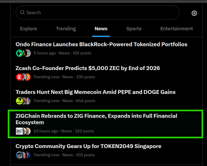 A crypto news feed displaying headlines including 'Ondo Finance Launches BlackRock-Powered Tokenized Portfolios,' with a green box highlighting 'ZIGChain Rebrands to ZIG Finance.'