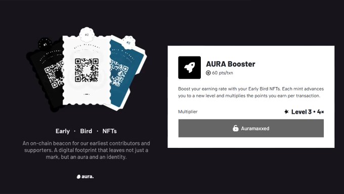 A promotional graphic for 'AURA Booster' NFTs featuring stamp-style cards with QR codes, described as digital footprints for 'Early Bird NFTs' that boost earning rates through transactions.
