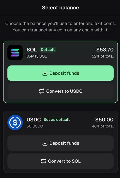 A balance selection screen shows options for SOL (0.4413 SOL, $53.70) marked as Default and USDC (50 USDC, $50.00), with options to deposit or convert funds.