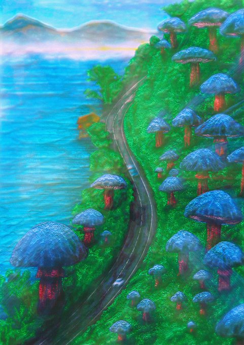 A colorful painting depicts a surreal landscape with a winding road running between a blue ocean and a hillside covered in vibrant green vegetation and large blue-capped mushrooms, with a small white car on the road.