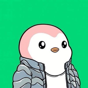 A cartoon illustration of a cute white chick or bird character wearing a pink hood and a puffy grey jacket against a bright green background.