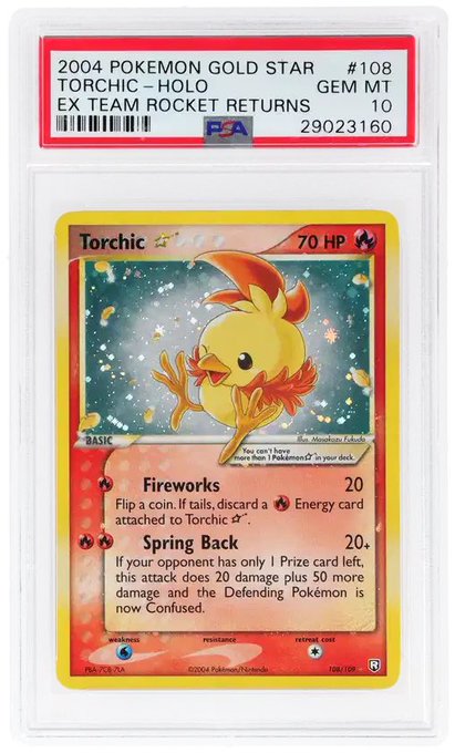 A PSA 10 graded 2004 Pokemon Gold Star Torchic Holo card #108 from EX Team Rocket Returns.