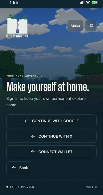 A mobile screenshot of the "DEEP ASCENT" app login screen with a Minecraft-style background, prompting users to "Make yourself at home" with options to "CONTINUE WITH GOOGLE", "CONTINUE WITH X", and "CONNECT WALLET", marked as "EARLY PREVIEW v0.1.0".