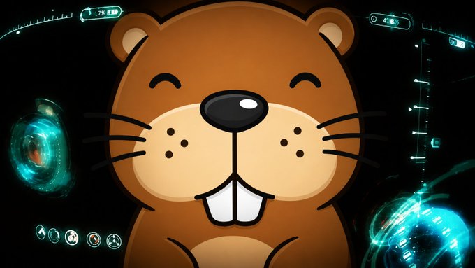 A cartoon beaver with prominent buck teeth set against a sci-fi HUD background with glowing teal interfaces and binary code.