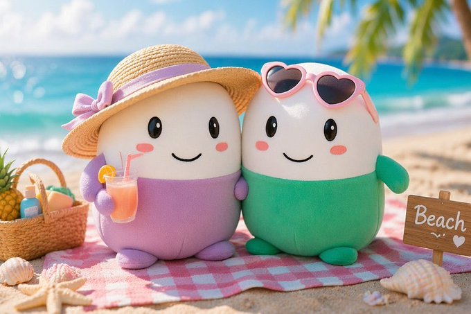 Two cute plush characters, one purple wearing a straw hat and holding a drink, and one green with heart-shaped sunglasses, sit on a pink checkered picnic blanket at the beach next to a 'Beach' sign.