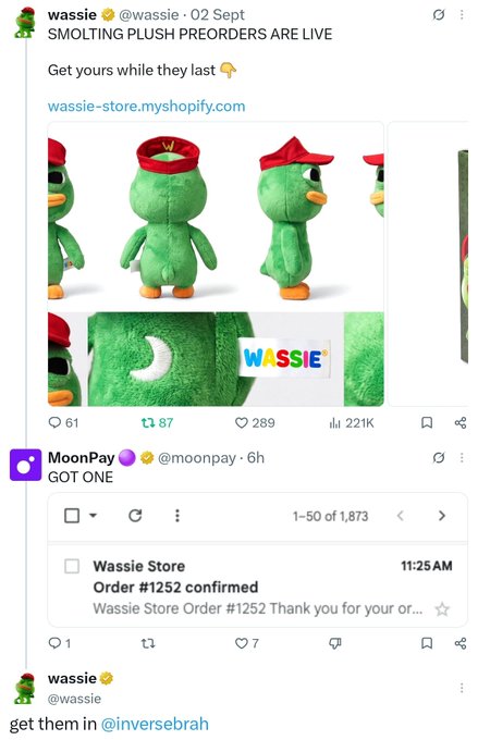 Twitter/X posts showing Wassie plush preorders going live at wassie-store.myshopify.com, followed by MoonPay confirming order #1252.