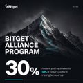 A promotional graphic for a 'BITGET ALLIANCE PROGRAM' offering '30%' reduction in fees, set against a dark, snowy mountain background.
