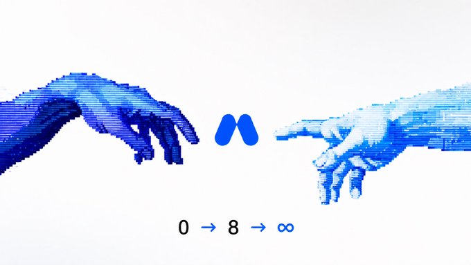 Pixelated blue hands reaching toward each other in a recreation of Michelangelo's Creation of Adam, with an 'M' logo between them and the text '0 → 8 → ∞' below.