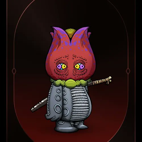 A digital illustration features a quirky character with a large, purple-and-red cat-like head with hypnotic eyes, wearing grey armor and holding a key. The image relates to a Koda NFT (#9689) that was bought for 0.771 WETH, expressing the author's bewilderment at this strange-looking creature.