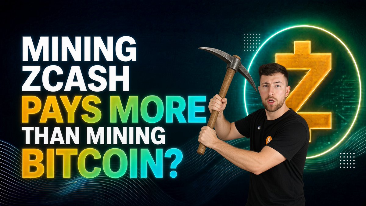 A YouTube thumbnail shows a man in a black shirt holding a pickaxe, with large colorful text reading 'MINING ZCASH PAYS MORE THAN MINING BITCOIN?' beside a large Z symbol logo.