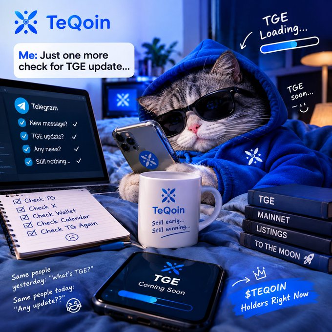 A promotional meme image for 'TeQoin' cryptocurrency featuring a cat in sunglasses and a blue hoodie checking a phone, with text about 'TGE Loading...' and references to Telegram updates.