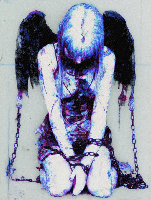 A stylized illustration of a kneeling figure with dark wings, bound by chains, rendered in purple and blue tones with a distressed, grungy aesthetic.