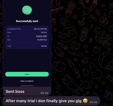 A "Successfully sent" transaction confirmation screen displays 301 $BLU tokens sent to wallet 0x9ee5LcA88F at 9:05 AM on Sep 30, with a chat preview showing "Sent boss" and "After many trial I don finally give you gig"—tying into a Web3 Jobs theme by illustrating a completed crypto payment for gig work.