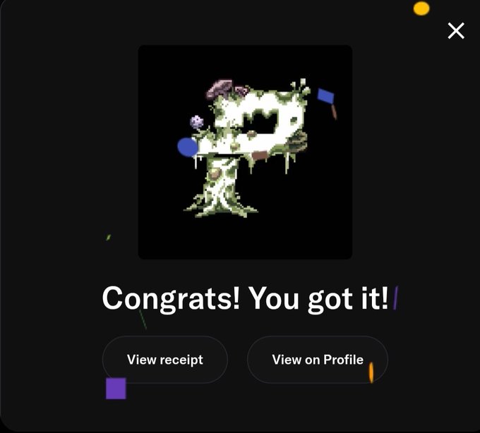 A dark-themed digital notification screen showing pixelated artwork with the text 'Congrats! You got it!' and buttons for 'View receipt' and 'View on Profile'.