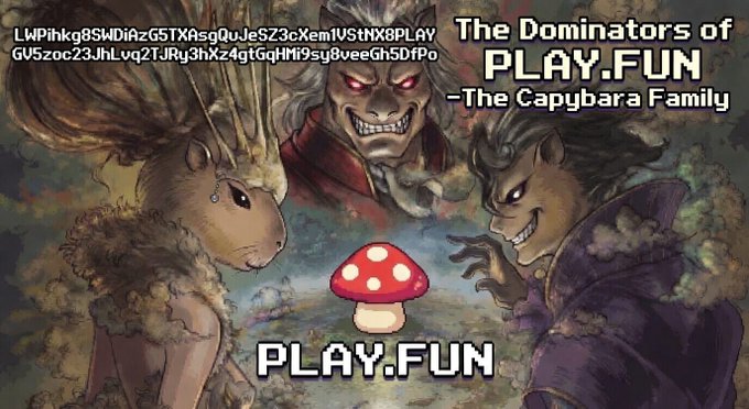 The image features a cartoon of three cartoon characters, two of which are playing with a mushroom while one character is looking at them. The background of the image has a dark color that contrasts with the bright colors of the characters' clothing. The text in the image reads "Play-Fun" and "The Dominators of Play-Fun".