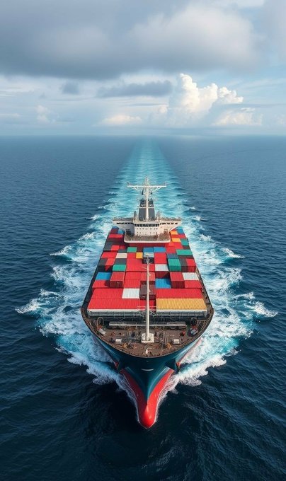 An aerial view of a large cargo ship loaded with colorful shipping containers sailing on the open ocean under a cloudy sky.