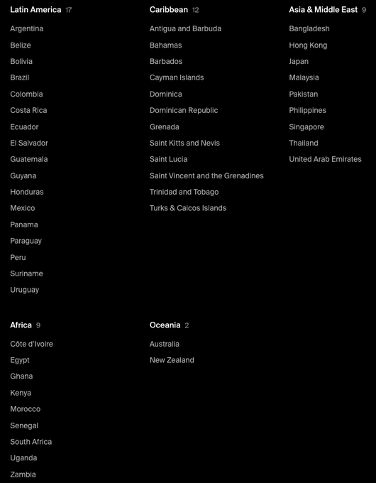 The image displays a list of 58 countries organized by geographic region where EthenaPay is available, with the largest coverage in Latin America (17 countries including Argentina, Brazil, and Mexico), followed by the Caribbean (12 countries like Bahamas and Jamaica), Africa (9 countries including Egypt and South Africa), Asia & Middle East (9 countries including Japan and United Arab Emirates), and Oceania (2 countries: Australia and New Zealand). This regional breakdown illustrates the supported jurisdictions for accessing the OAK residency code for early use of EthenaPay.