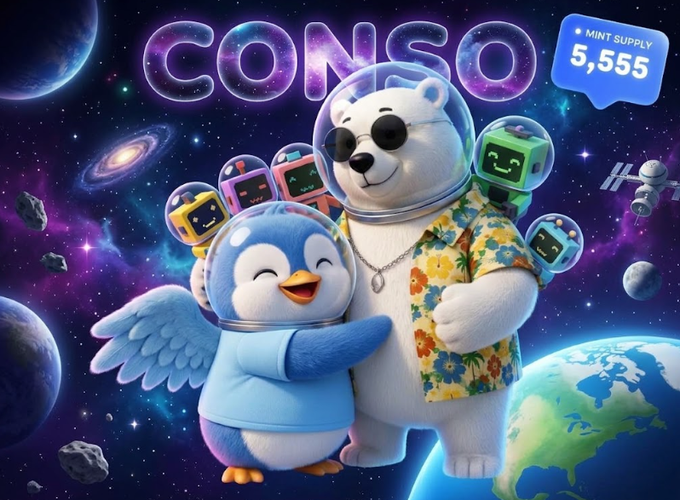 A cheerful polar bear in a floral shirt and a happy penguin, both wearing astronaut helmets, pose in front of a cosmic backdrop featuring planets, satellites, and retro robots, with the "CONSO" logo displayed prominently above and a label indicating "MINT SUPPLY 5,555." The image visually represents the post's description of CONSO BOTS—cute, character-driven digital collectibles designed to support the Conso network through mobile node validation and security.