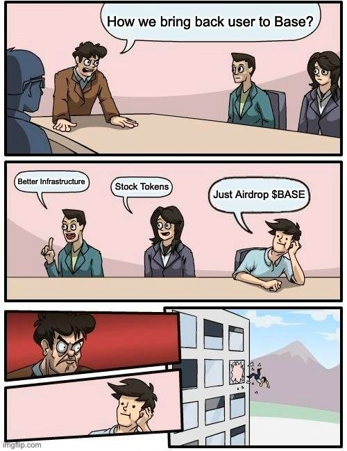Multi-panel comic showing a meeting about 'How we bring back user to Base?' with suggestions including 'Better Infrastructure,' 'Stock Tokens,' and 'Just Airdrop $BASE,' ending with the boss angrily throwing the last suggestion out the window.