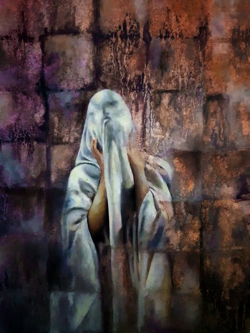 An artistic painting depicts a solitary figure draped in a flowing white veil, standing with hands clasped in front of a textured, weathered brick wall with muted purple and orange tones.