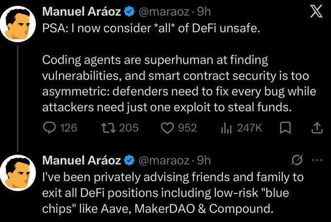 The image shows a Twitter post by a user named Manuel Arraz, who is discussing the security risks associated with DeFi (decentralized finance). The post includes two tweets from different users, one of which is about the founder of a blockchain security firm and another about the founder's advice to friends and family. The text in the image focuses on the idea that DeFi projects like @aave, MakerDAO, and Compound may not be safe due to AI coding agents' ability to find vulnerabilities. This message suggests that the user is concerned about the security of these projects and wants others to be aware of the potential risks involved.