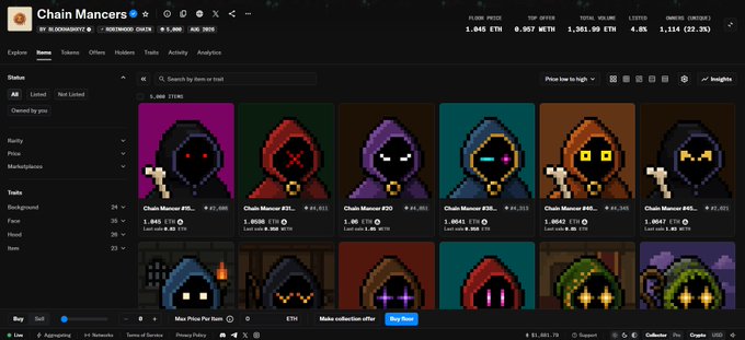 A marketplace called 'Chain Mancers' displaying NFT characters called 'Chain Mancers' with prices in ETH, showing traits and stats.