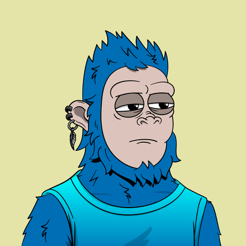 A cartoon portrait features a blue-furred primate or monster character with a bored expression, wearing a light blue tank top against a pale yellow background.