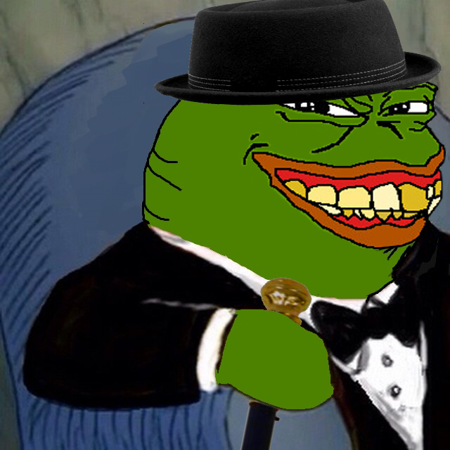 The image features a cartoon frog wearing a black top hat, holding a cane with a gold handle, and standing next to a blue chair. The background of the image shows a blue wall with a white stripe running across it. There are also some text elements in the image that read "fort knox auditor will squeeze 10k".