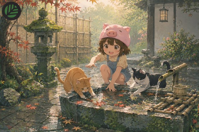 Anime-style illustration of a girl wearing a pink pig hat playing with an orange tabby and a black-and-white cat near a stone lantern and bamboo water spout in a Japanese garden with autumn leaves.