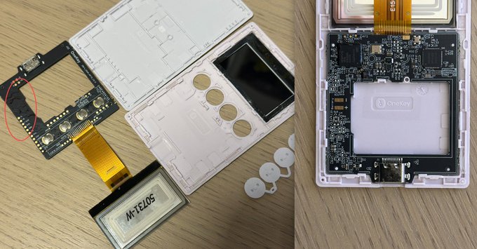 The image displays the disassembled internals of a OneKey hardware wallet, with the left side showing separated components including a screen labeled "MFTEZ05," while the right side shows the circuit board with the "OneKey" branded module and what appears to be black writing on the back of the board, likely indicating a supplier name not officially listed.