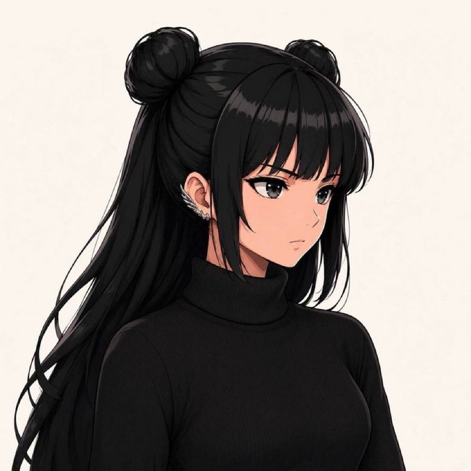 An anime-style illustration of a girl with long black hair styled in twin buns, wearing a black turtleneck and a decorative ear cuff.
