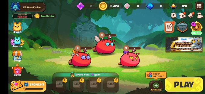 Gameplay screenshot of Axie Adventure showing three red Axie creatures on a forest path with Boss Kaukau in the background, displaying currency counts and a 'PLAY' button.