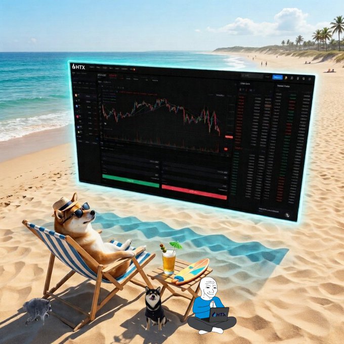 A humorous digital illustration of a Shiba Inu dog wearing sunglasses relaxing in a beach chair while watching an HTX cryptocurrency trading chart, with a Wojak character using an HTX laptop nearby.