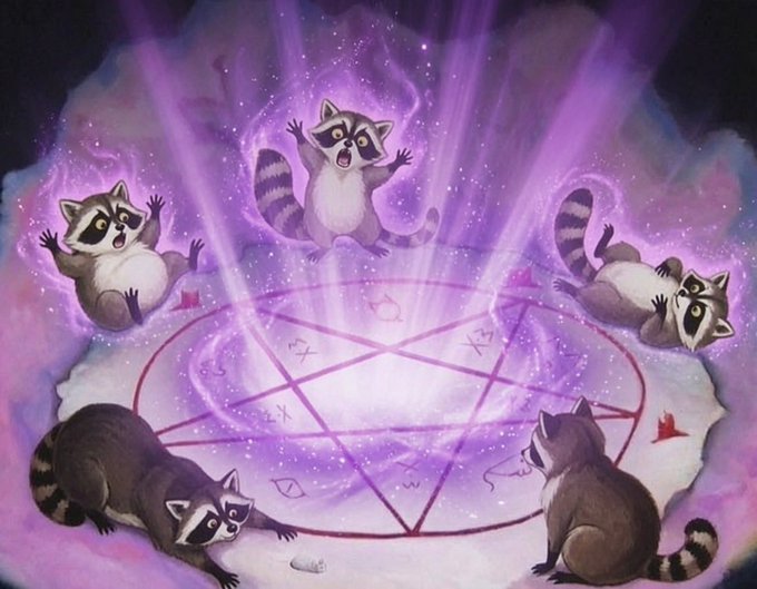 An illustration of five raccoons gathered around a glowing purple pentagram summoning circle, with some appearing startled and casting magical light beams.