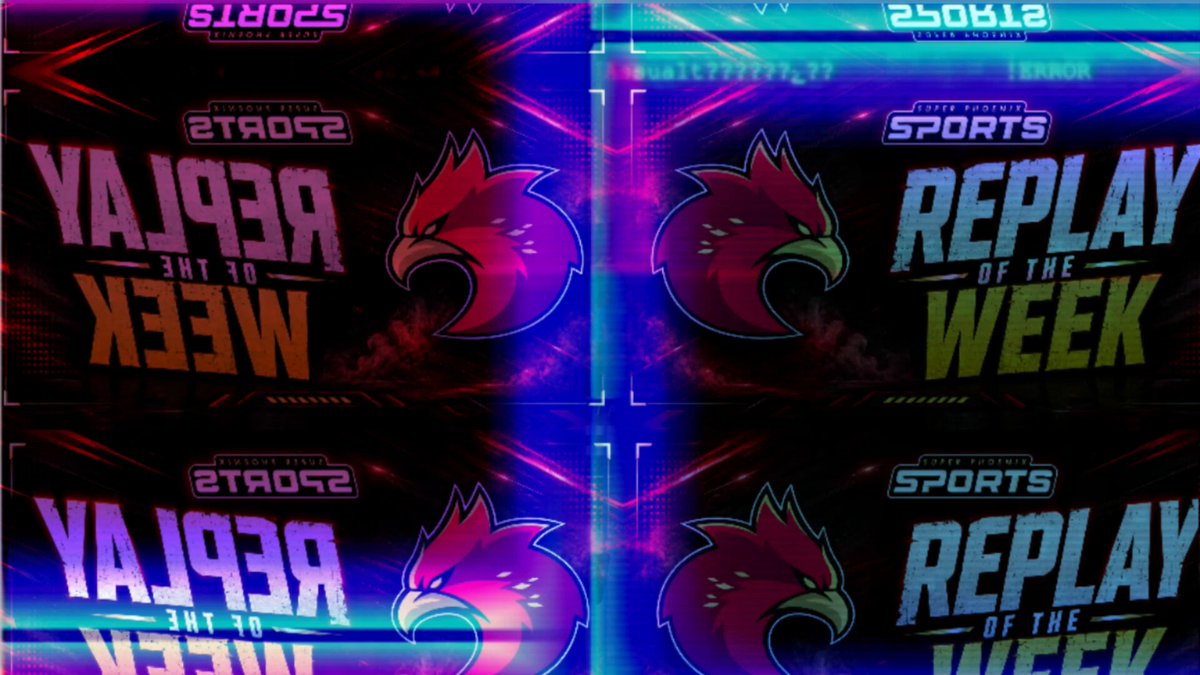 The image features a poster with four different designs representing the sports week logo. The poster has a dark background with neon colors that make the designs stand out. Each design includes a bird character, adding a unique touch to each one. The text on the poster reads "What a huge success from Sunday's event with @SuperPhoenixSPS showcasing @illuviumio!". This message highlights the popularity and impact of the sports week event.