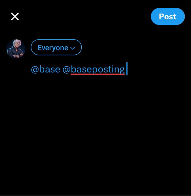 A social media post composition screen with 'Everyone' visibility selected, typing '@base @baseposting' in the post field.