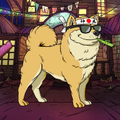 A pixel art style image of a Shiba Inu dog wearing sunglasses and a red bandana, holding a marijuana joint in its mouth against a dark background.