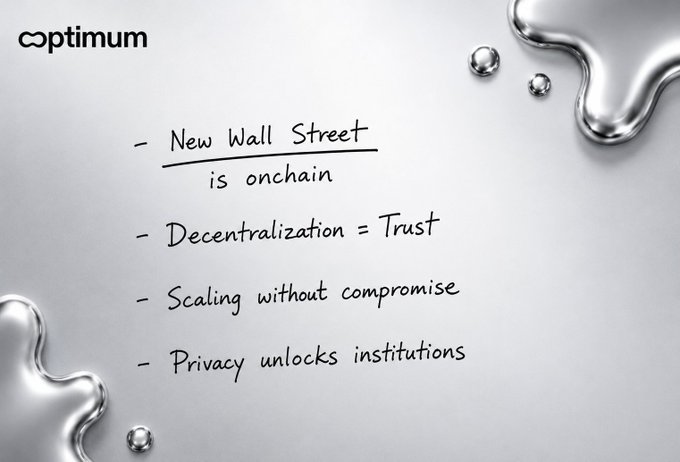 A presentation slide branded 'Optimum' with bullet points reading: '- New Wall Street is onchain', '- Decentralization = Trust', '- Scaling without compromise', '- Privacy unlocks institutions'.