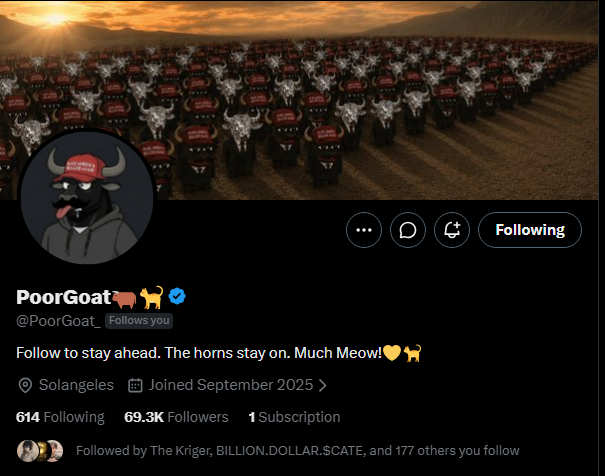 A Twitter/X profile for "PoorGoat" with 69.3K followers, featuring a banner of goats and the bio "Follow to stay ahead. The horns stay on. Much Meow!"
