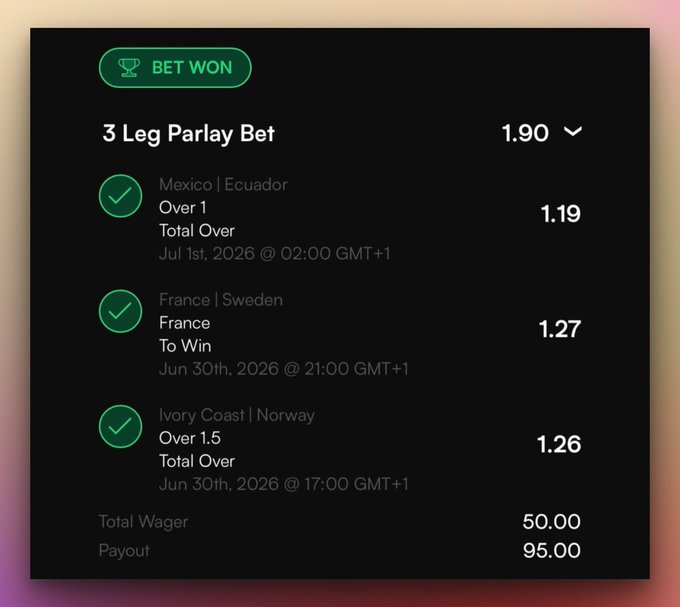 A screenshot of a winning 3-leg parlay bet on DivvyBet featuring Mexico vs Ecuador (Over 1, 1.19), France vs Sweden (France to win, 1.27), and Ivory Coast vs Norway (Over 1.5, 1.26), with a 50.00 wager returning a 95.00 payout—all matches tied to the user's ongoing World Cup betting streak.