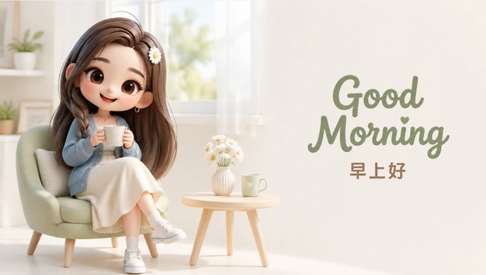 A cute 3D cartoon-style illustration of a girl with a daisy in her hair sitting in a green chair holding a cup, with 'Good Morning' and Chinese characters '早上好' on the right side.