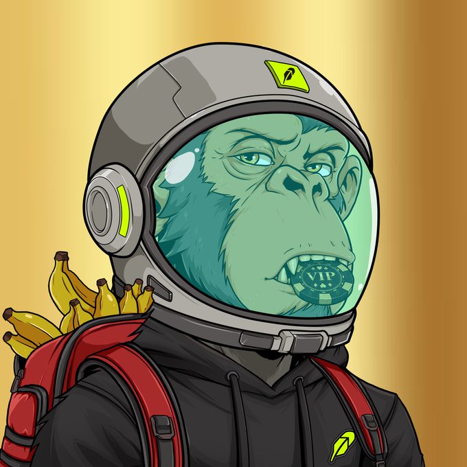 An NFT-style illustration of a green-furred monkey wearing an astronaut helmet with a 'VIP' poker chip in its mouth, carrying a backpack filled with bananas.